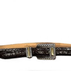 BRIGHTON BROWN LEATHER CROC EMBOSSED Goldtone Silvertone Women's Belt L